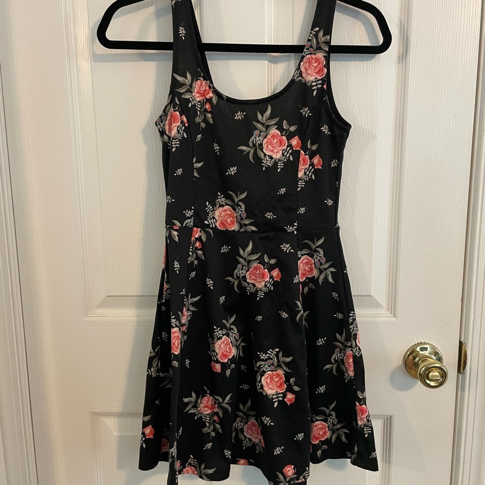 Divided Black Dress with Pink Floral Pattern